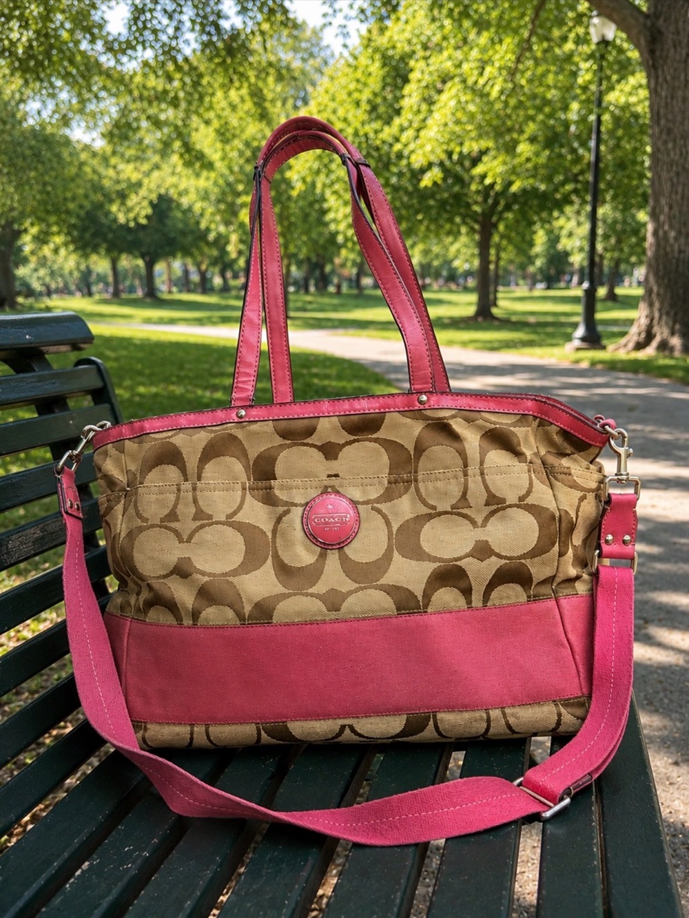 Coach Brown Signature Canvas Shoulder / crossbody Bag with Pink Trim F17448
